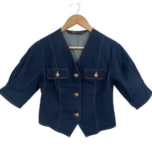 Goelia Dark Wash Denim Puff Sleeve Crop Blouse XS Cowgirl